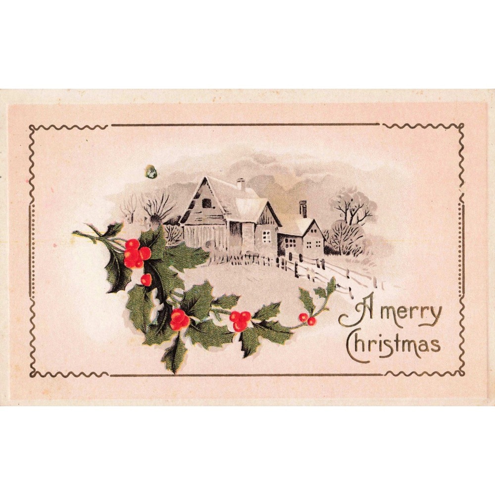 Antique Christmas Postcard 1912 Snowy Winter Farmhouse Holly Embossed Posted VG - Picture 1 of 2